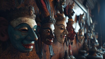 A Traditional Balinese Mask Display in a Temple