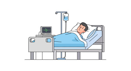 Illustration of a male patient resting in a hospital bed with medical equipment