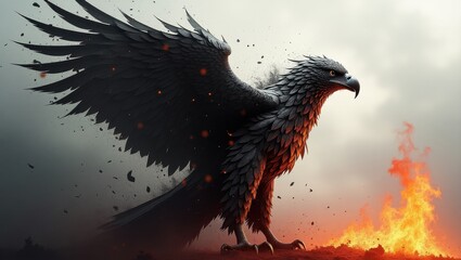 Majestic black eagle soaring through fiery skies