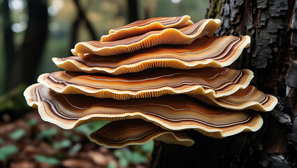 Stacked brown and cream layered shelf fungus on tree trunk