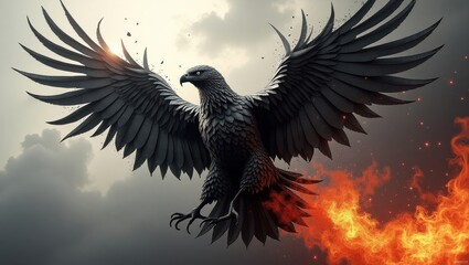 Majestic black eagle soaring through fiery skies