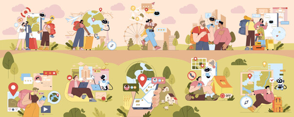 Naklejka premium Vector Illustration of Robot-Assisted Travelers and Tourists