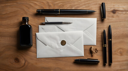 Overhead shot of envelopes fountain pen and ink bottle on desk postal correspondence idea