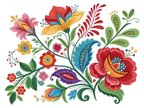 Hungarian kalocsa floral embroidery motif bright red yellow blue green pink purple image