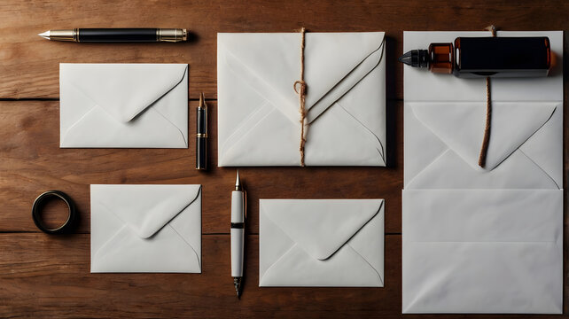 Classic mail writing setup with white envelopes fountain pen and ink bottle stock image - Powered by Adobe
