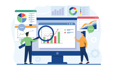 Business team people working for data analytics research and monitoring on the web report dashboard monitor. Business finance investment planning concept. Vector illustration.