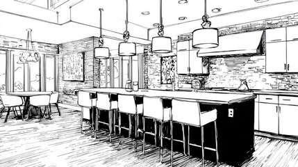 Interior sketch of a modern kitchen and dining area.