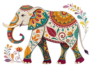 Ornate elephant with floral patterns and vibrant colors indian folk art