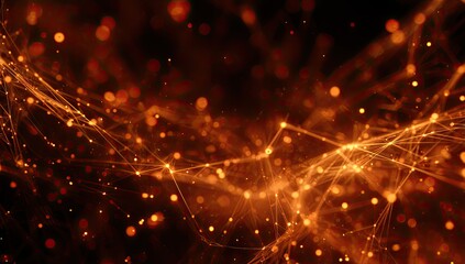Abstract network of glowing orange particles.  Connections and points.  Dark background