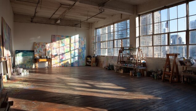 Sun-drenched art studio with colorful canvases
