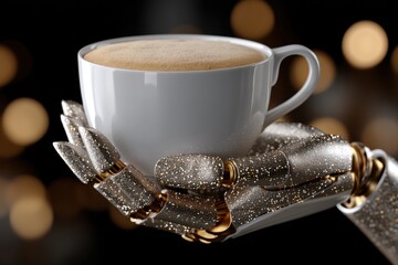 Futuristic Robot Hand Holding a Coffee Cup with Bokeh Background