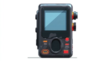 Ruggedized black electronic device with screen, knobs, and buttons, centered