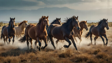 Obraz premium Wild horses herd running free in open field, symbol of freedom and World Animal Day