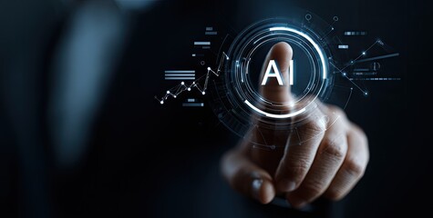 Close-up of a hand interacting with a holographic AI interface