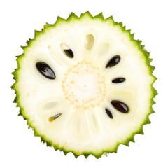 Top-Down View of Soursop Section Cut Displaying Pulp and Seeds, Transparent Background PNG