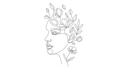 Elegant line art portrait of a woman adorned with delicate floral elements minimalistic drawing