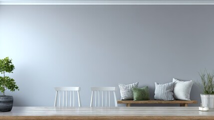 Empty room with light grey walls, wooden bench and white chairs.