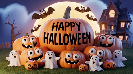 Fototapeta premium 3D Cute Halloween Pumpkins and Ghosts with Happy Expressions in Front of Haunted House