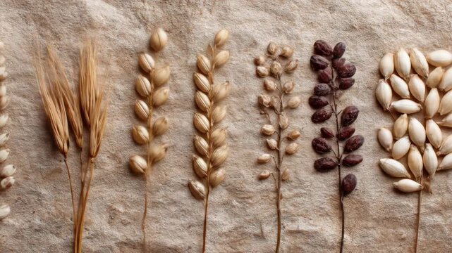 Various grains, including wheat and barley, displayed on a textured beige surface
