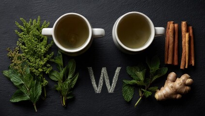 Two mugs of herbal tea flank sprigs of mint, herbs, ginger, and cinnamon sticks on a dark surface; a chalk "W" sits between