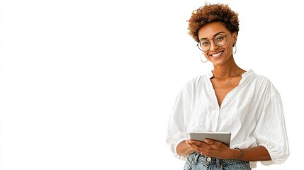 Smiling woman in white shirt holds tablet against blank, isolated background
