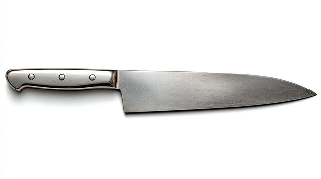 A long, brushed-steel chef's knife with a slightly curved blade and a silver handle featuring three rivets, is shown against a pure white background; a subtle shadow is cast below