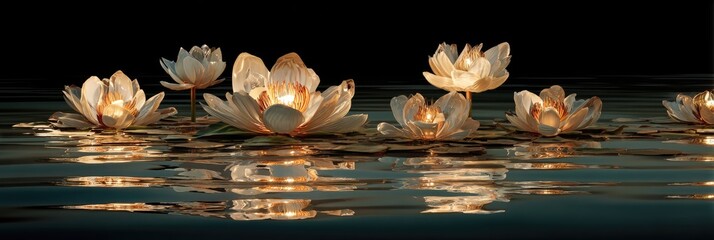 Illuminated lotus flowers on rippled water.