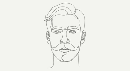 Elegant continuous line drawing of a man's face with a stylized mustache facial artwork