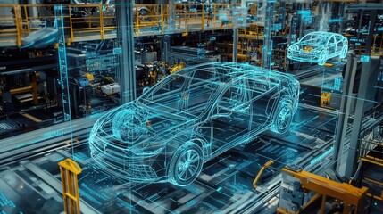 A Holographic Representation of an Electric Vehicle in a Factory, with Blue Light Outlining the Car's Lines, Showcasing Smart Manufacturing and Future Technology.