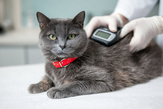 Gray cat with red collar being scanned by veterinarian for microchip identification during checkup at clinic