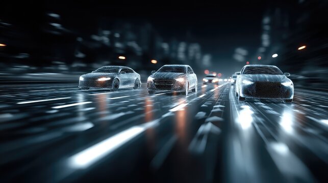 Autonomous Vehicles Driving on a Grid-Patterned Road, with White Arrows and Light Effects, Showcasing a Concept of Smart Transportation and Future Technology. - Powered by Adobe