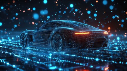 Holographic interface showing a 3D wireframe model of a concept sports car on a workbench. Concept for augmented reality in automotive engineering, EV battery development, and innovative R&D.	