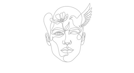 Continuous line art of abstract human face with flower and flying dove for peace and harmony