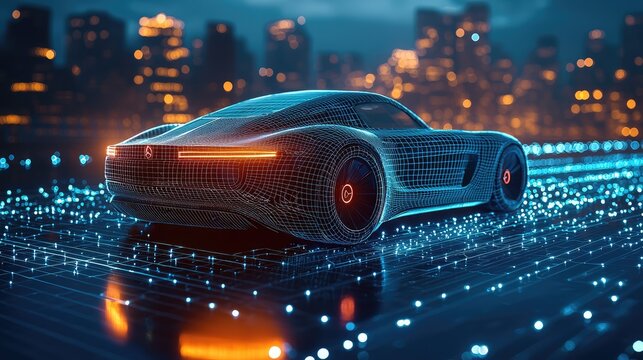 Holographic interface showing a 3D wireframe model of a concept sports car on a workbench. Concept for augmented reality in automotive engineering, EV battery development, and innovative R&D.	