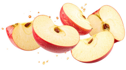 Dynamic explosion of red apple slices isolated on transparent PNG
