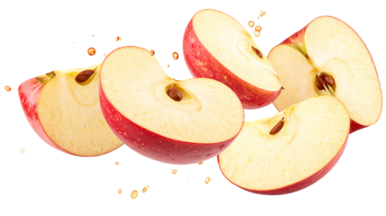 Dynamic explosion of red apple slices isolated on transparent PNG