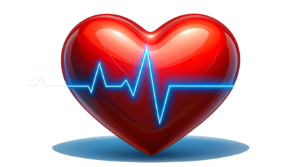  red heart with glowing electrocardiogram line isolated on transparent background
