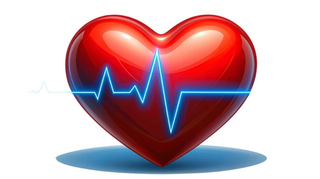  red heart with glowing electrocardiogram line isolated on transparent background