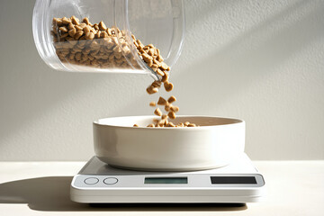 Dry pet food being poured into a white bowl placed on a digital kitchen scale for precise portion measurement in natural light