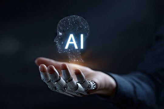 A robotic hand holds a glowing AI icon, a human head outline with the letters AI