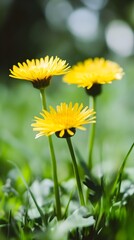Bright Yellow Dandelions in Focus Green Blurred Background