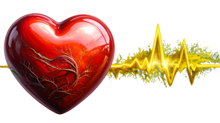  Shiny 3D red heart beside pulsing golden heartbeat wave isolated on transparent PNG