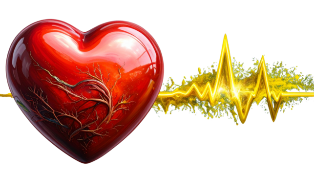  Shiny 3D red heart beside pulsing golden heartbeat wave isolated on transparent PNG