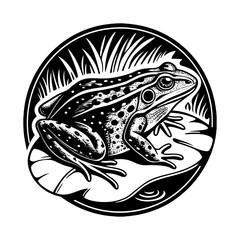 Frog Vector Illustration in Pen and Ink Isolated on White Generative AI illustration of high detailed realistic green frog with brown eyes sitting on green leaf of plant cute frog cartoon isolated.