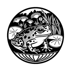 Frog Vector Illustration in Pen and Ink Isolated on White Generative AI illustration of high detailed realistic green frog with brown eyes sitting on green leaf of plant cute frog cartoon isolated.