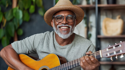 Smiling senior man playing guitar, wearing hat and glasses, enjoying music in cozy setting