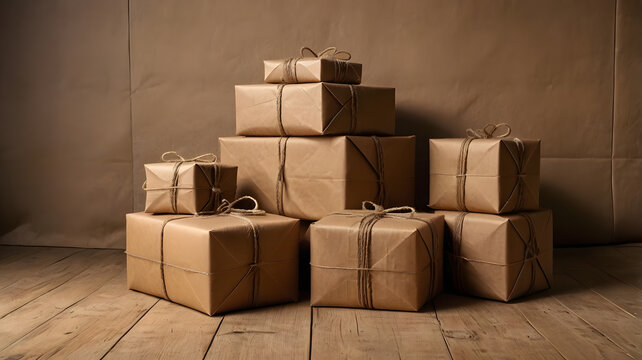 Traditional mail parcels with twine and brown paper realistic photography overhead shot