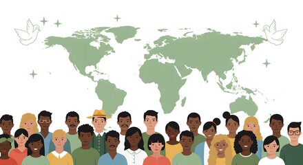 International Day of Peace A conceptual illustration representing global unity, diversity, and peace, with a multicultural group of people standing together before a world map