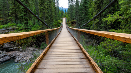 Scenic wooden suspension bridge stretches across lush green forest, inviting exploration