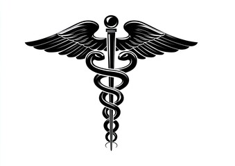 Black and white medical symbol, wings and serpent